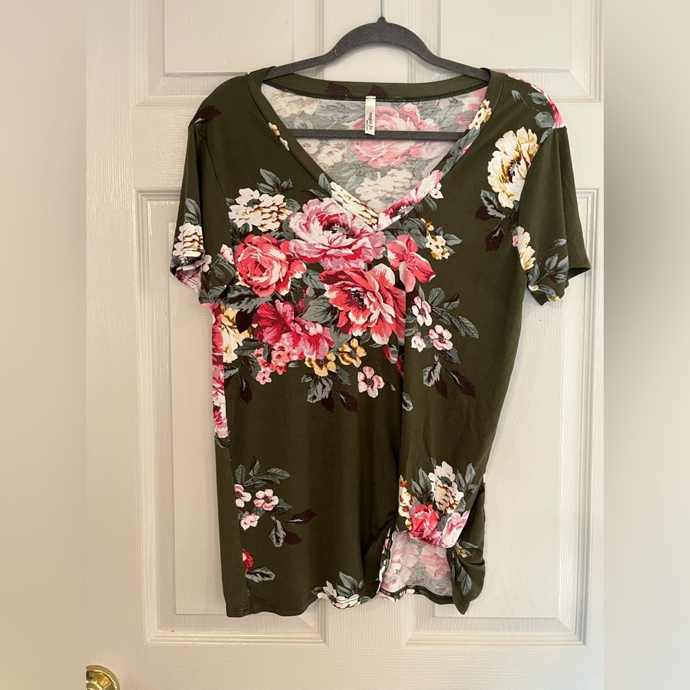 Magic Fit Floral V-Neck Top - Pink and Green Large